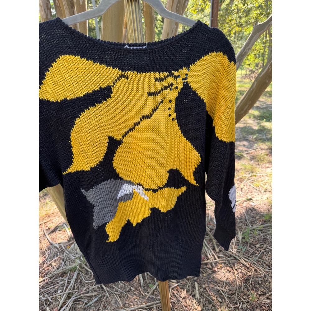 VTG 80s Hand Loomed Floral Black Yellow Knit Sweater Bead‎ Accents Size Medium